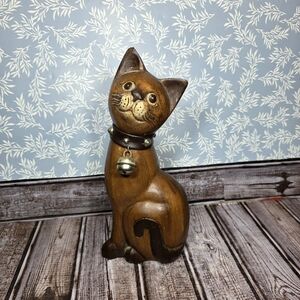 Carved Wooden Cat with Collar and Bell
